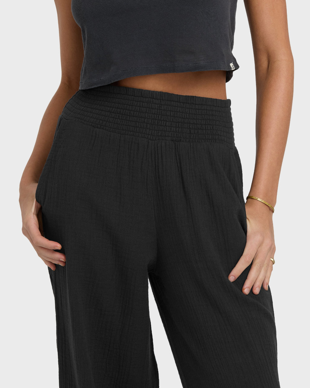 New Waves Gauze Elastic Waist Pants - Black Sands