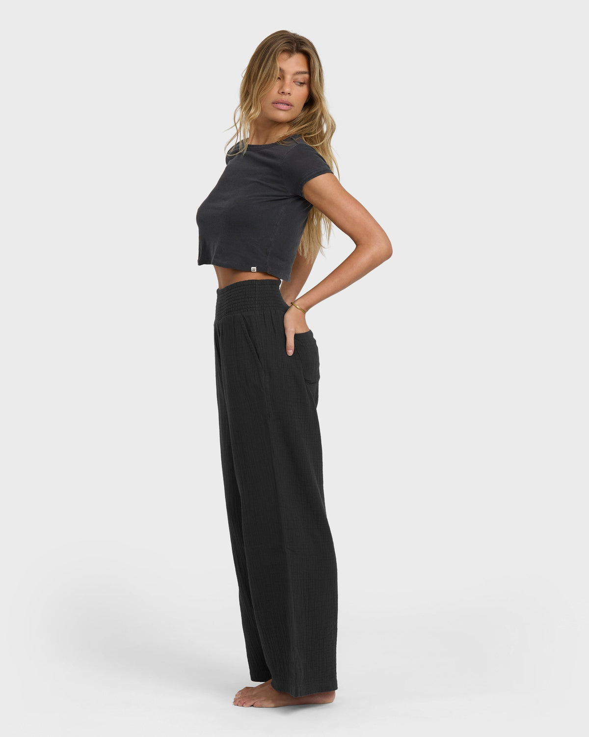 New Waves Gauze Elastic Waist Pants - Black Sands